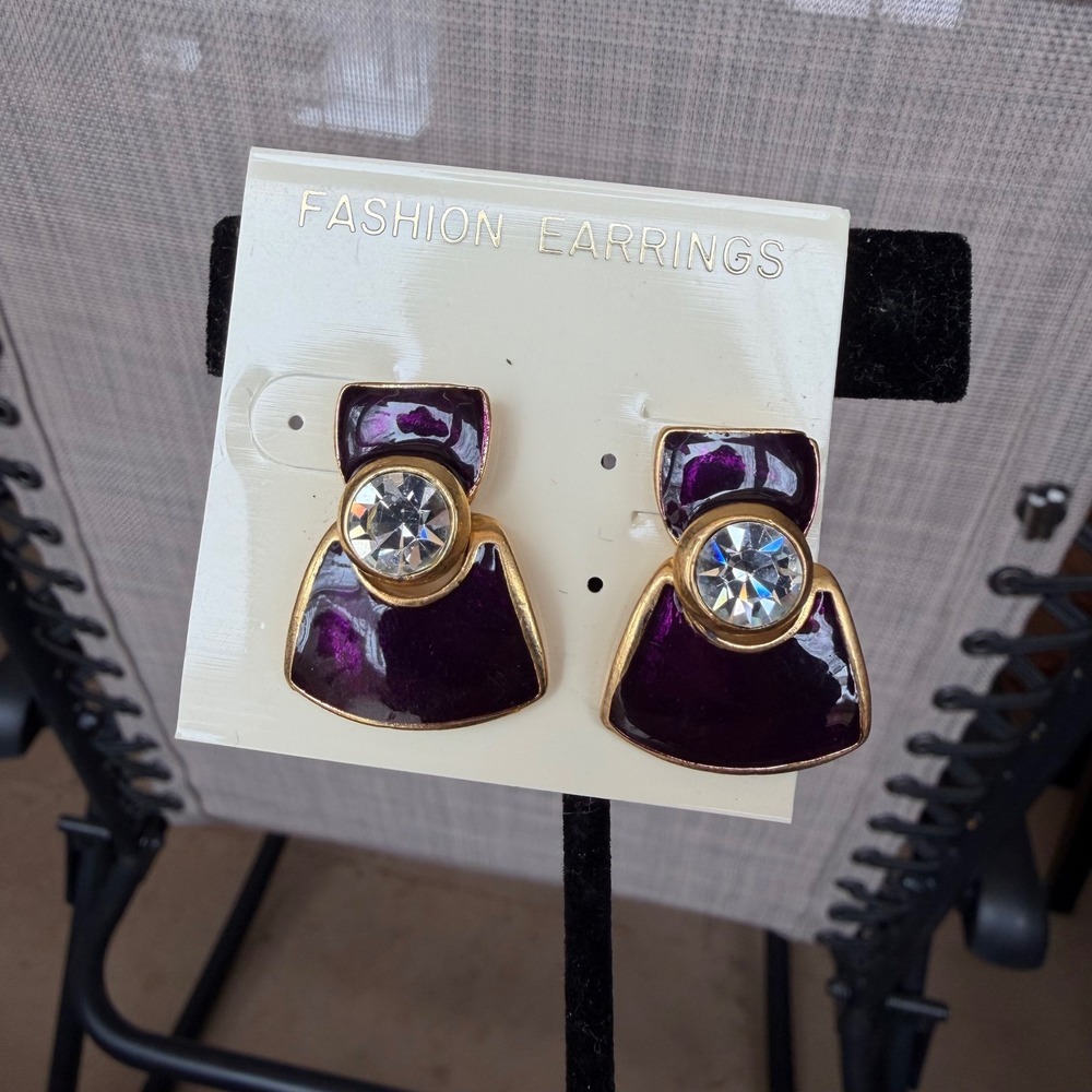 Retro 1990s Door Knocker‎ Earrings, Royal Purple & Gold Geometric Glam Art Deco